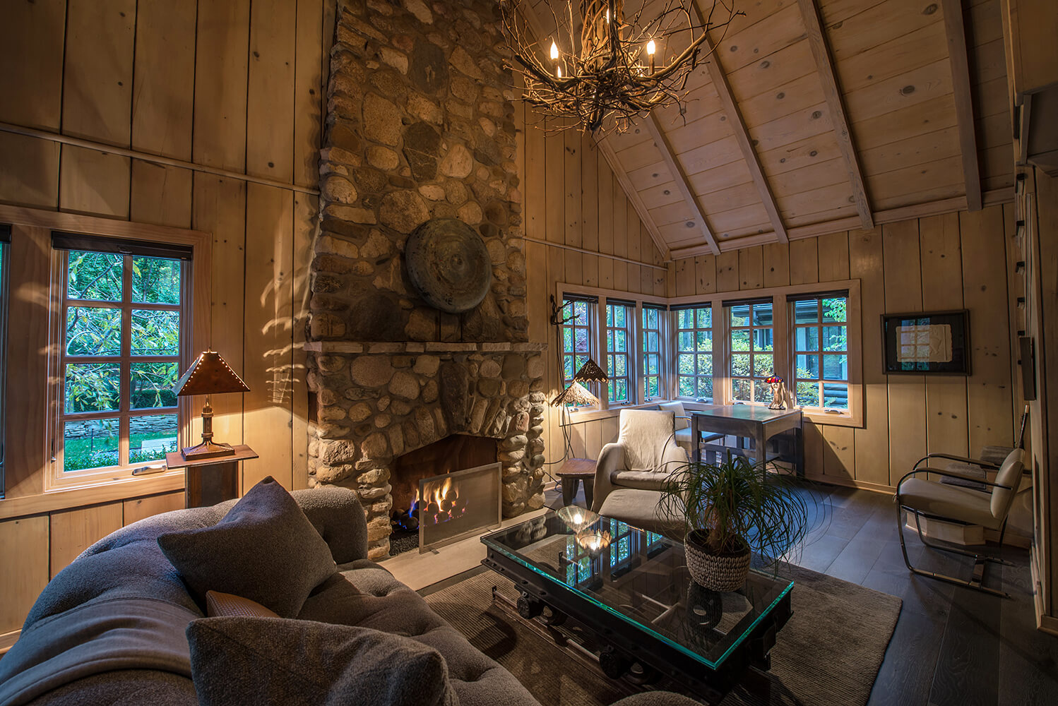 Michigan, Indiana, Cottage, Pine Paneling, Copper roof, Stone Fireplace, Conservatory, interior design, eclectic, modern, antiques, gardens, cabin, stucco, shingles, copper, stone patio, linen, slipcover